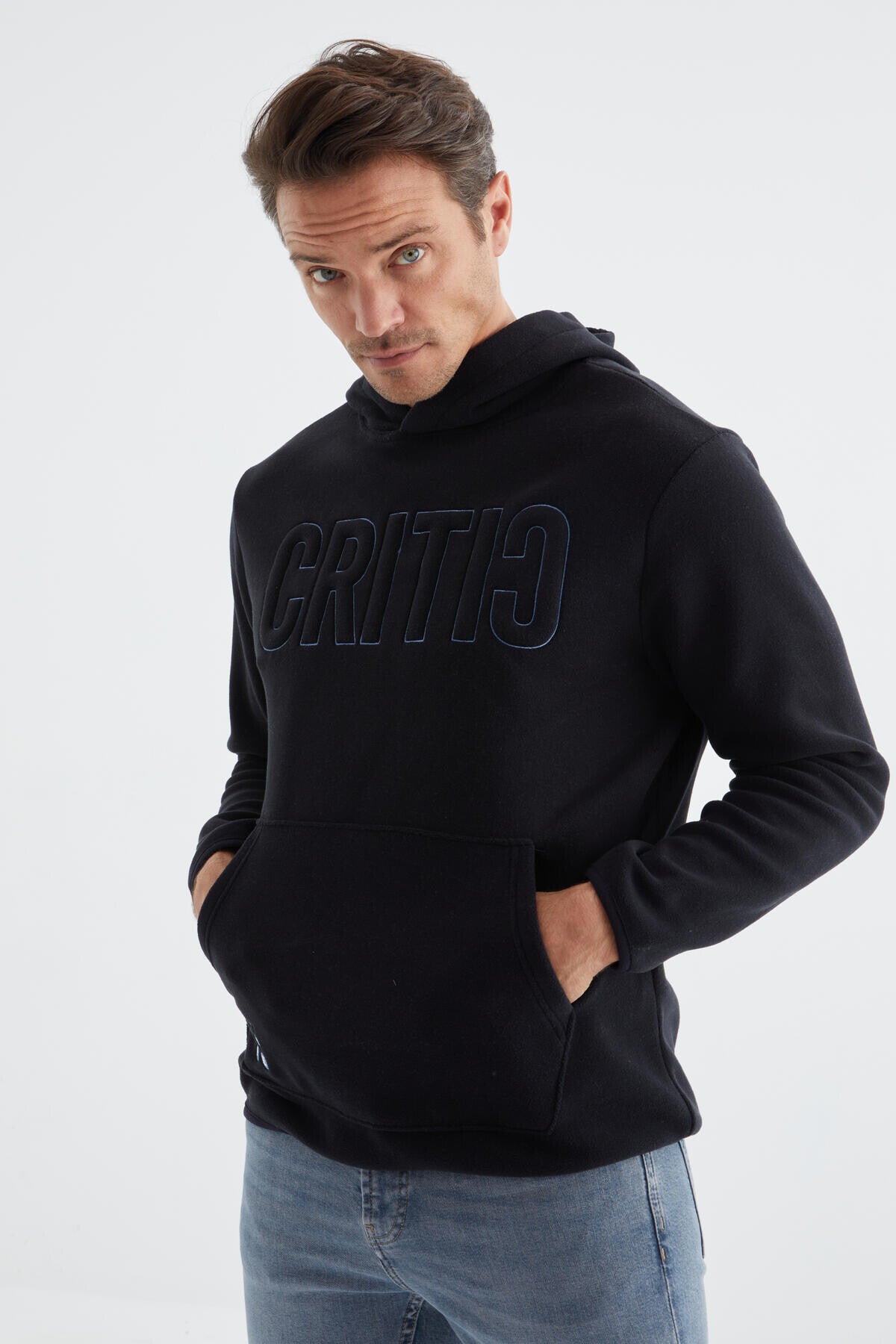 Navy Blue Embroidered Kangaroo Pocket Hooded Regular Fit Men's Fleece Sweatshirt - 88156