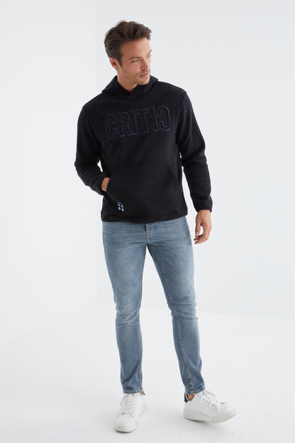 Navy Blue Embroidered Kangaroo Pocket Hooded Regular Fit Men's Fleece Sweatshirt - 88156