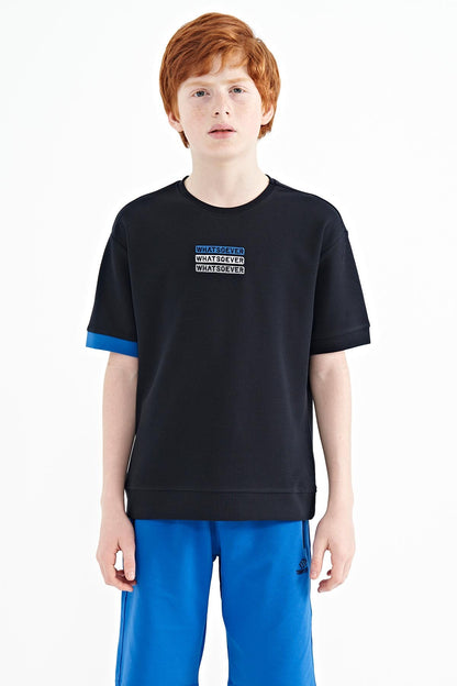 Navy Blue Embroidered O Collar Oversize Boys T-Shirt - 11146