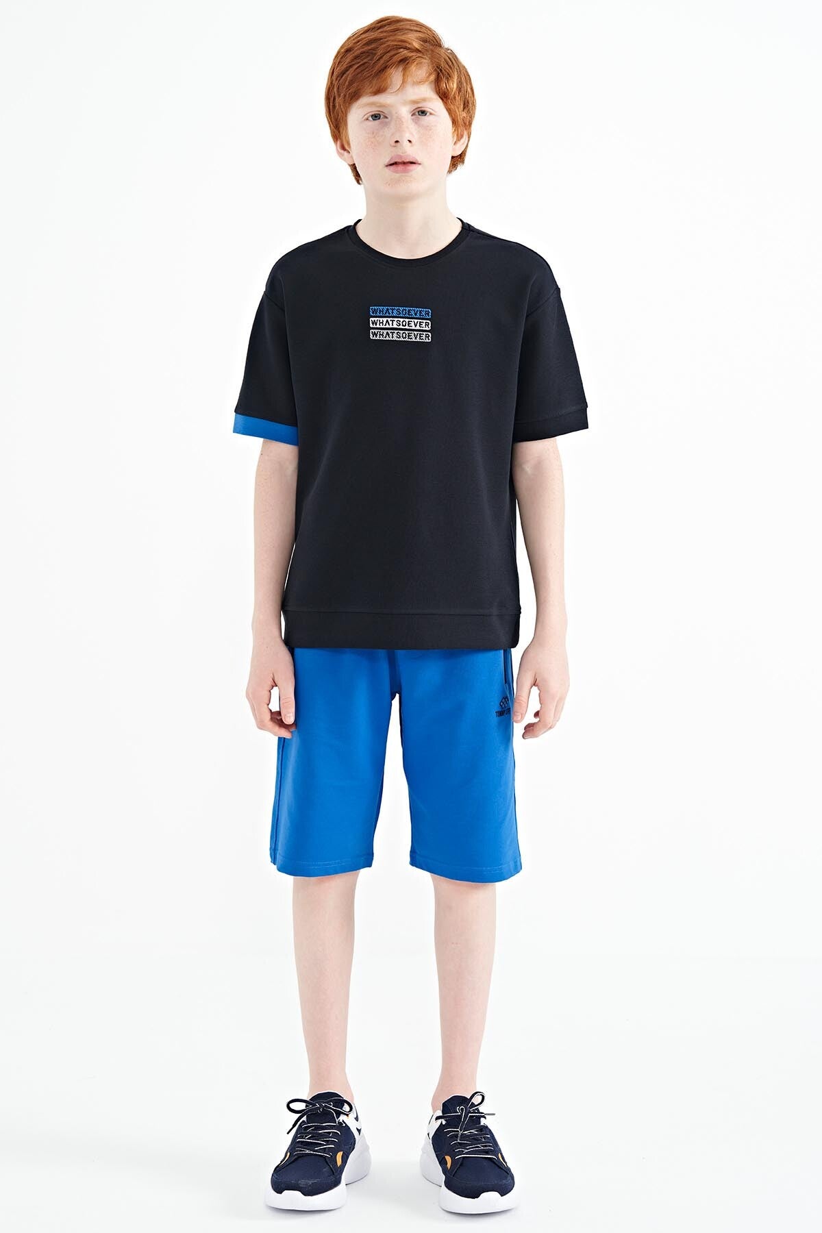Navy Blue Embroidered O Collar Oversize Boys T-Shirt - 11146