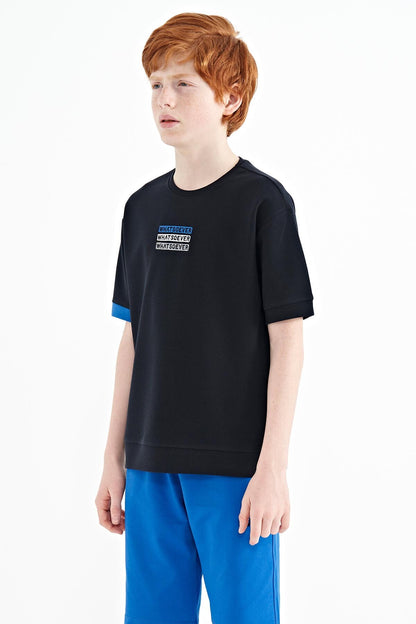 Navy Blue Embroidered O Collar Oversize Boys T-Shirt - 11146