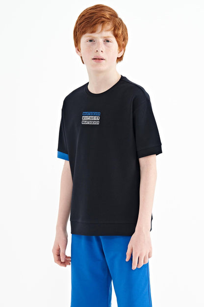 Navy Blue Embroidered O Collar Oversize Boys T-Shirt - 11146