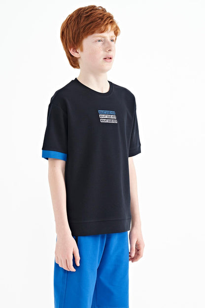 Navy Blue Embroidered O Collar Oversize Boys T-Shirt - 11146