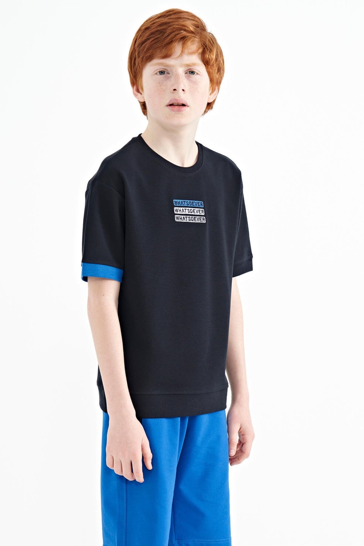 Navy Blue Embroidered O Collar Oversize Boys T-Shirt - 11146