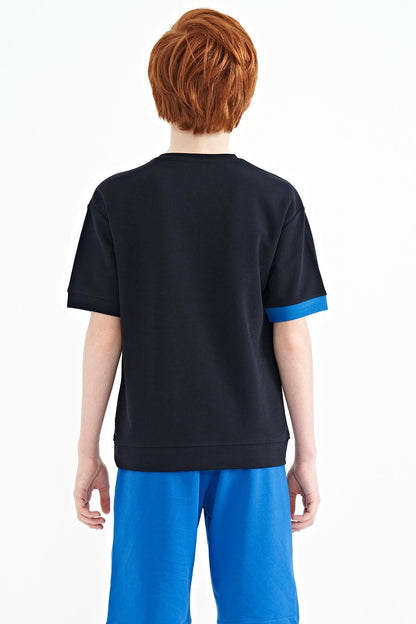 Navy Blue Embroidered O Collar Oversize Boys T-Shirt - 11146