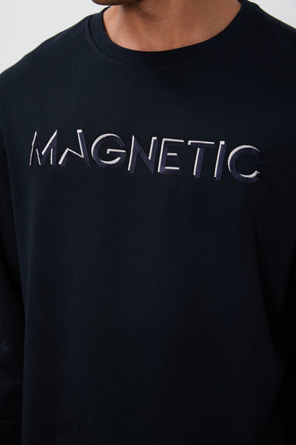 Navy Blue Embroidered O Neck Comfort Fit Polar Lined Men's Sweatshirt - 88020