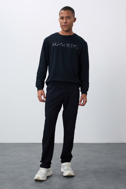 Navy Blue Embroidered O Neck Comfort Fit Polar Lined Men's Sweatshirt - 88020