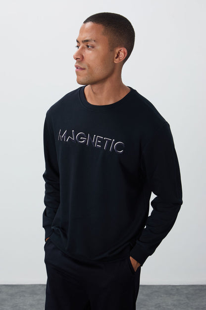 Navy Blue Embroidered O Neck Comfort Fit Polar Lined Men's Sweatshirt - 88020