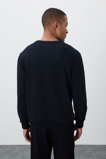 Navy Blue Embroidered O Neck Comfort Fit Polar Lined Men's Sweatshirt - 88020