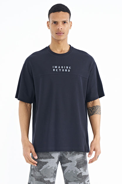 Navy Blue Embroidered Oversize O Collar Men's T-Shirt - 88178