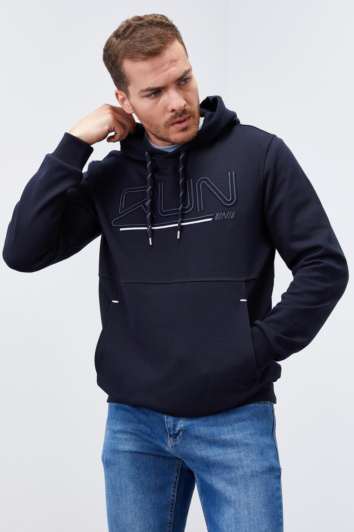 Navy Blue Embroidered Standard Fit Men's Hooded Sweatshirt - 87887