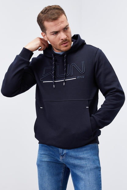 Navy Blue Embroidered Standard Fit Men's Hooded Sweatshirt - 87887