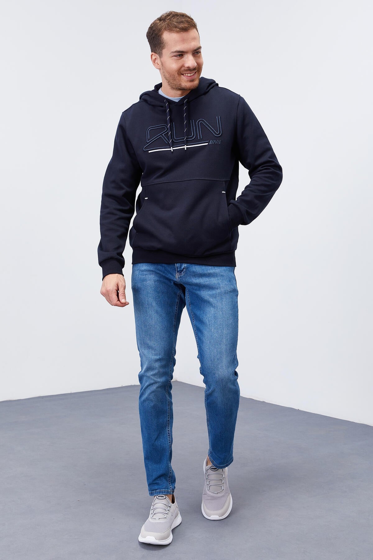 Navy Blue Embroidered Standard Fit Men's Hooded Sweatshirt - 87887