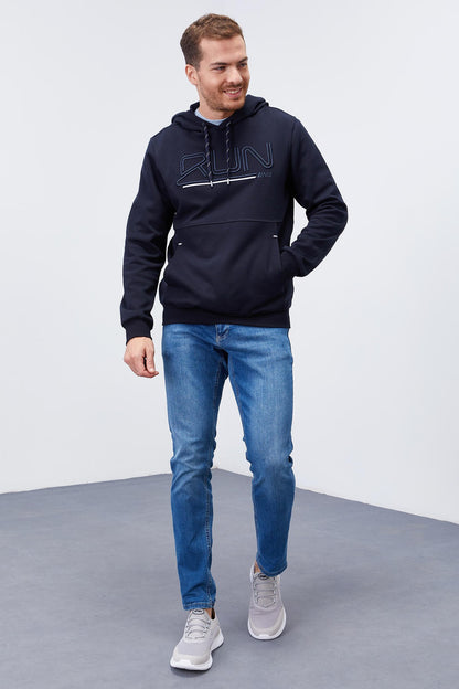 Navy Blue Embroidered Standard Fit Men's Hooded Sweatshirt - 87887