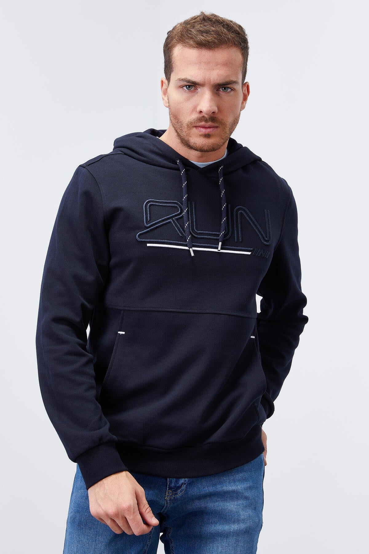 Navy Blue Embroidered Standard Fit Men's Hooded Sweatshirt - 87887