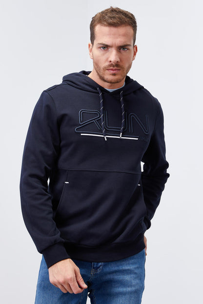 Navy Blue Embroidered Standard Fit Men's Hooded Sweatshirt - 87887