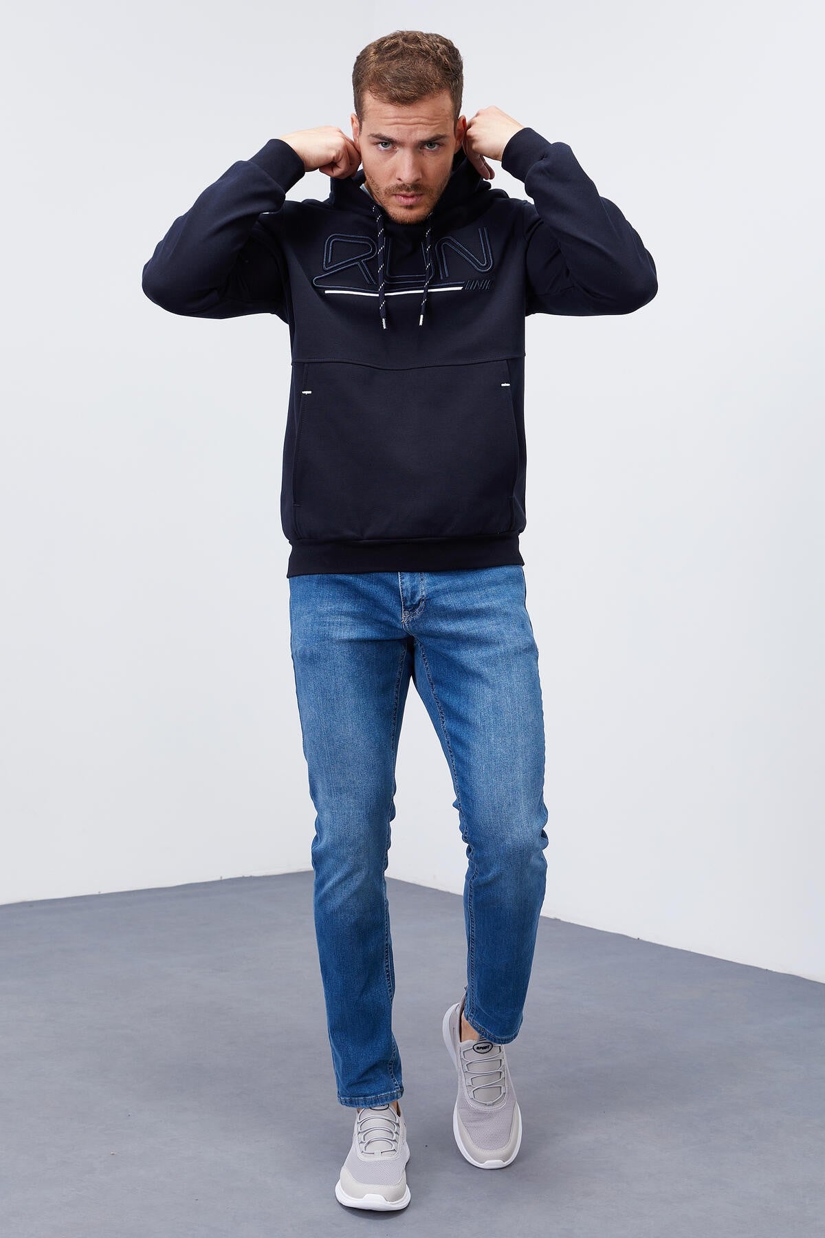 Navy Blue Embroidered Standard Fit Men's Hooded Sweatshirt - 87887