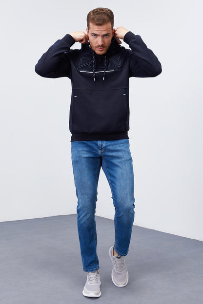 Navy Blue Embroidered Standard Fit Men's Hooded Sweatshirt - 87887