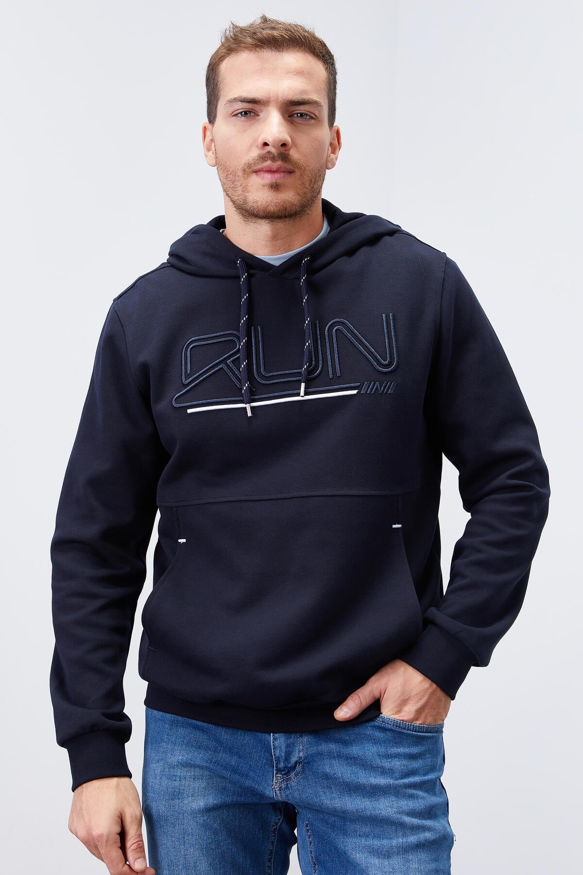 Navy Blue Embroidered Standard Fit Men's Hooded Sweatshirt - 87887