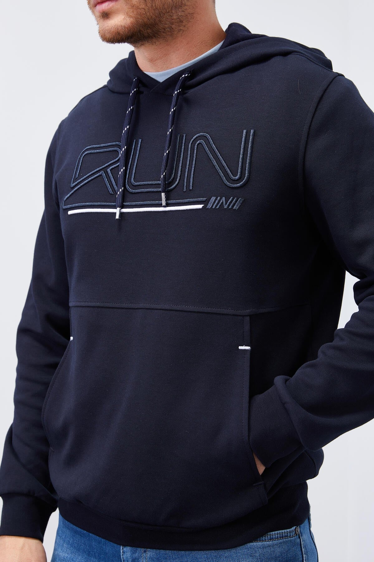 Navy Blue Embroidered Standard Fit Men's Hooded Sweatshirt - 87887