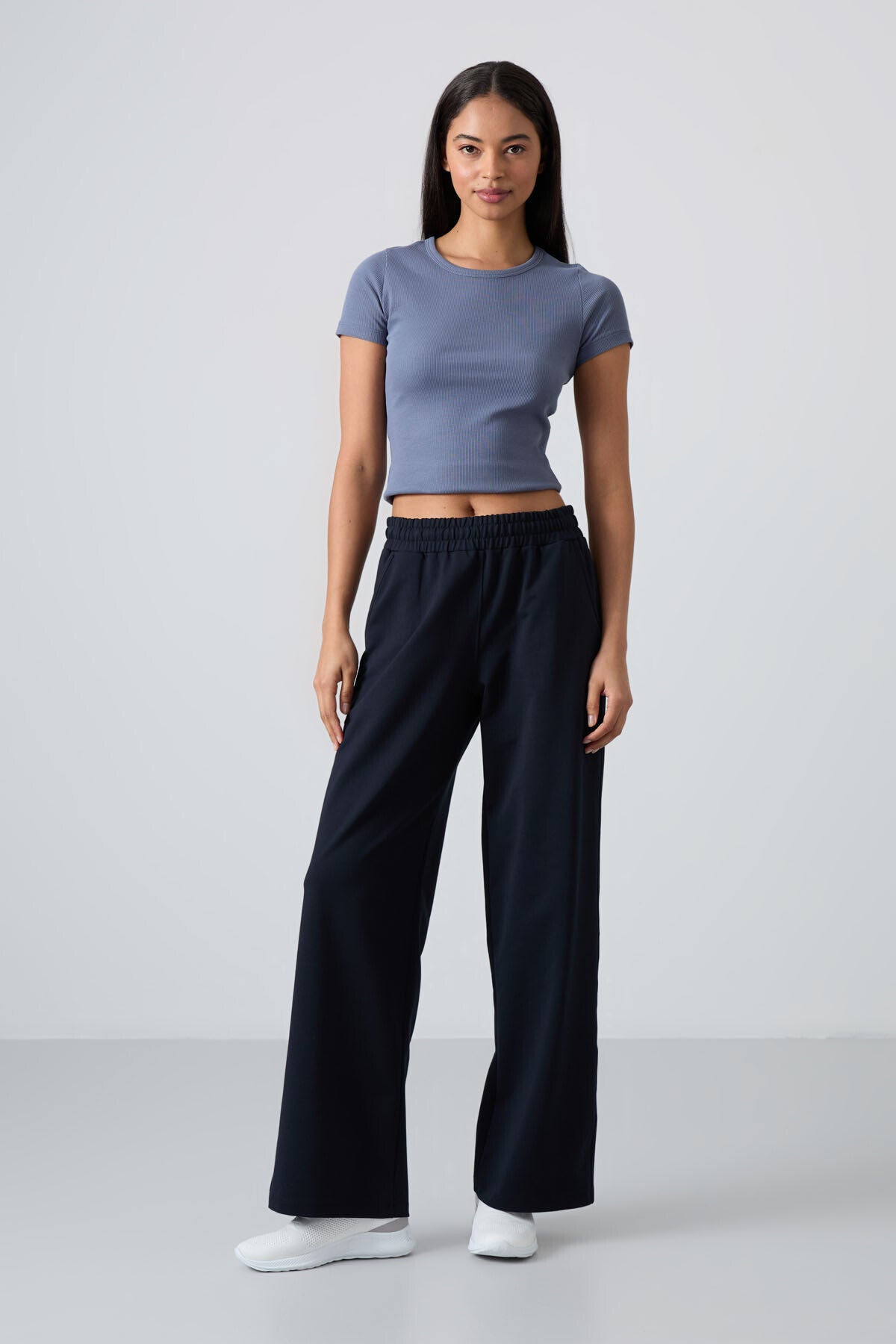 Navy High Waist Comfort Fit Wide Leg Women's Tracksuit Bottom - 94567