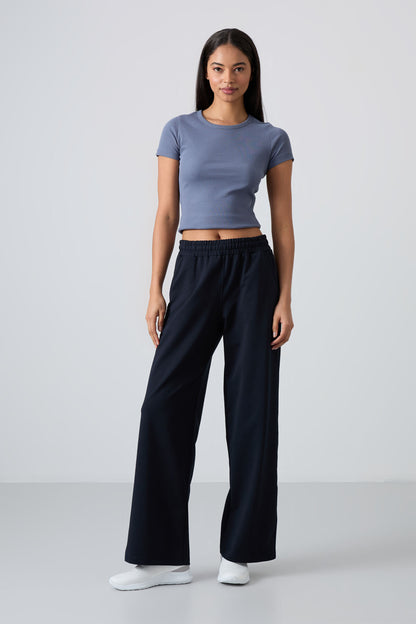 Navy High Waist Comfort Fit Wide Leg Women's Tracksuit Bottom - 94567