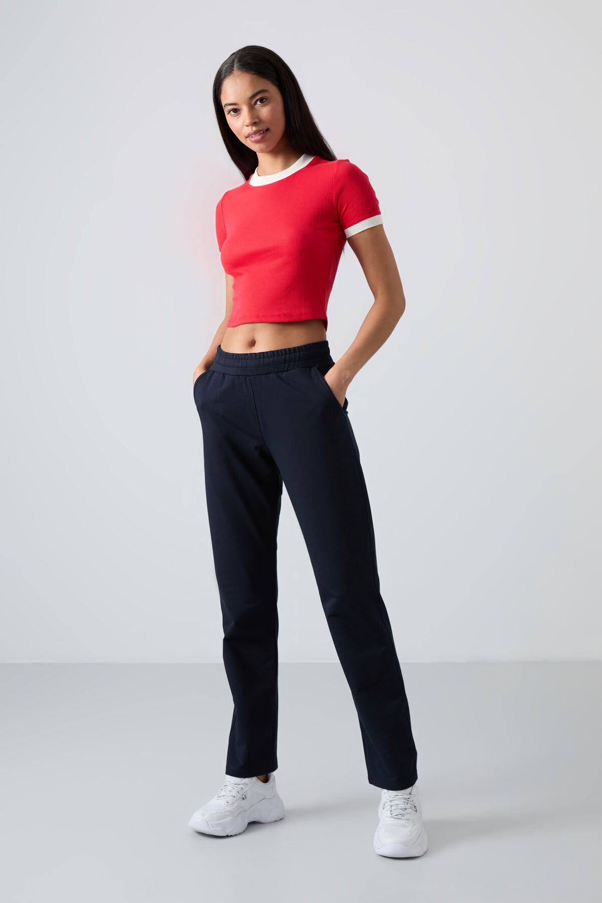 Navy Blue High Waist Comfort Fit Classic Leg Women's Tracksuit Bottom - 94584