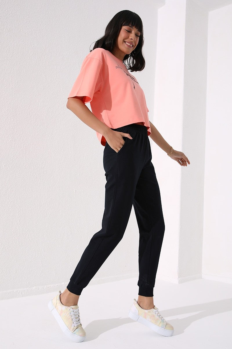 Navy High Waist Jogger Comfort Fit Cuffed Women's Tracksuit Bottom - 94561