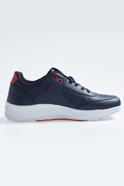 Navy Blue High Sole Laced PU Leather Men's Sports Shoes - 89113