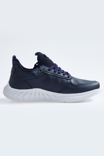 Navy Blue High Sole Laced PU Leather Men's Sports Shoes - 89115