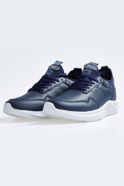 Navy Blue High Sole Laced PU Leather Men's Sports Shoes - 89115