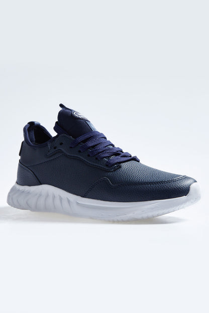 Navy Blue High Sole Laced PU Leather Men's Sports Shoes - 89115