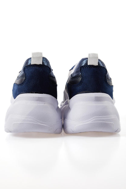 Navy Blue High-Sole Laced Color Gradient PU Leather Women's Sports Shoes - 89206