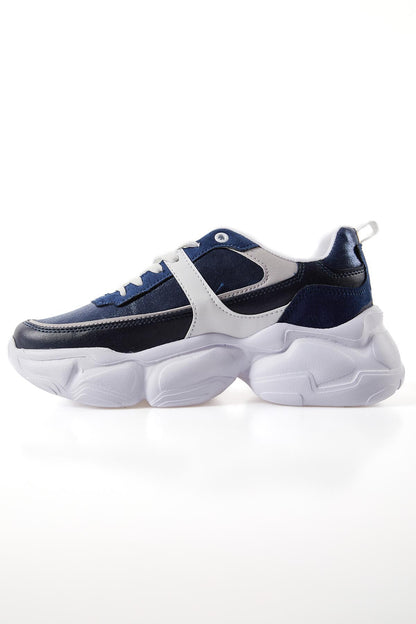 Navy Blue High-Sole Laced Color Gradient PU Leather Women's Sports Shoes - 89206