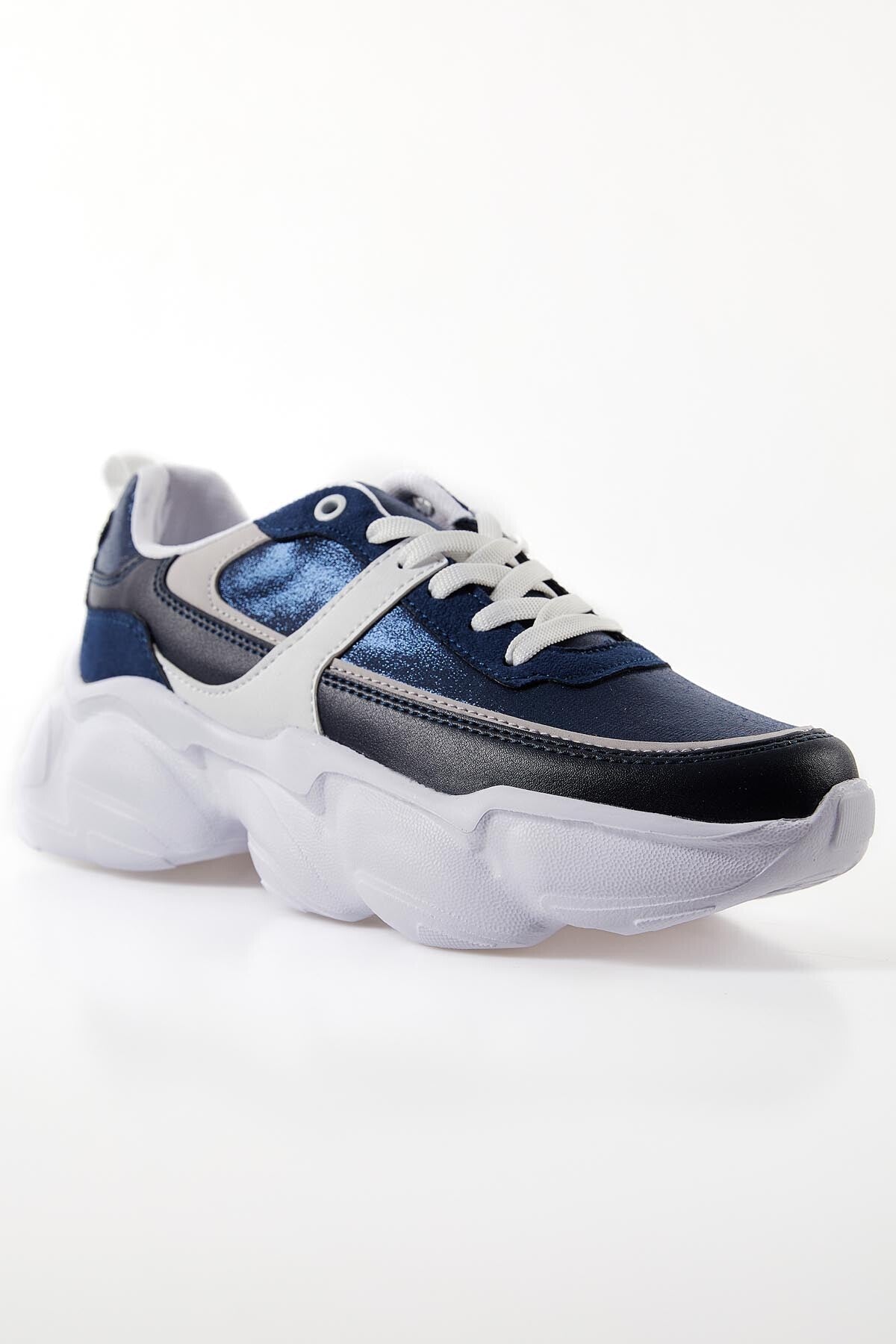 Navy Blue High-Sole Laced Color Gradient PU Leather Women's Sports Shoes - 89206