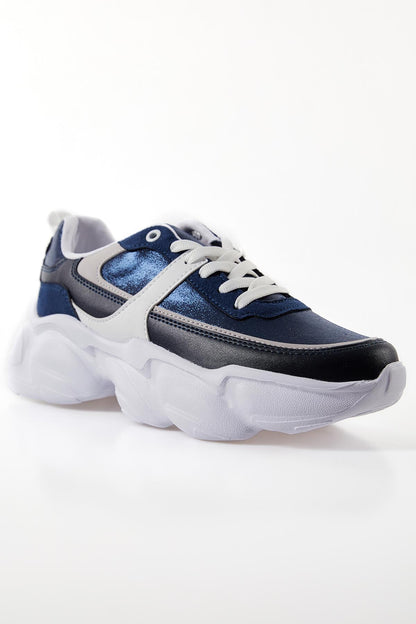 Navy Blue High-Sole Laced Color Gradient PU Leather Women's Sports Shoes - 89206
