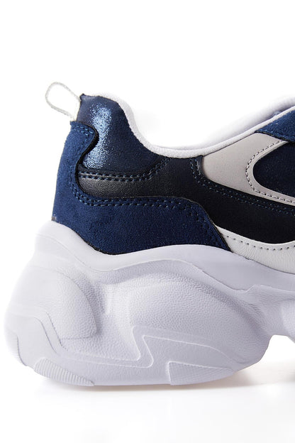 Navy Blue High-Sole Laced Color Gradient PU Leather Women's Sports Shoes - 89206