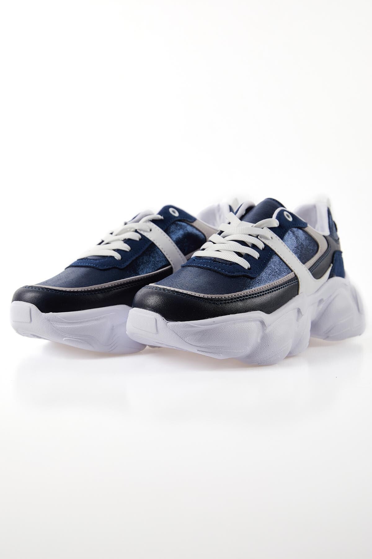 Navy Blue High-Sole Laced Color Gradient PU Leather Women's Sports Shoes - 89206