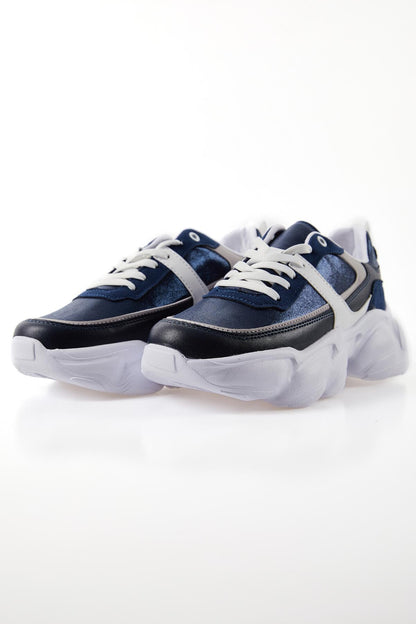 Navy Blue High-Sole Laced Color Gradient PU Leather Women's Sports Shoes - 89206
