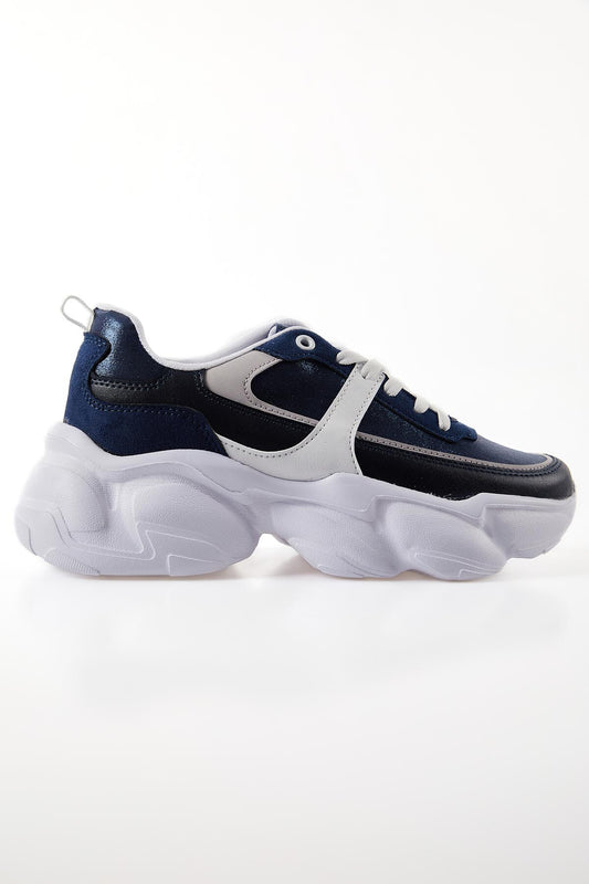 Navy Blue High-Sole Laced Color Gradient PU Leather Women's Sports Shoes - 89206