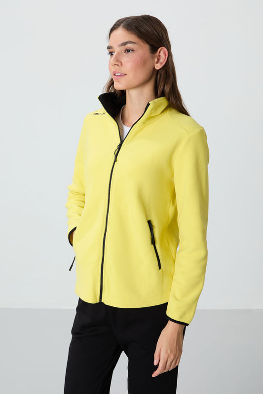 Lemon Print Collar Zippered Comfort Fit Women's Fleece Sweatshirt - 97173