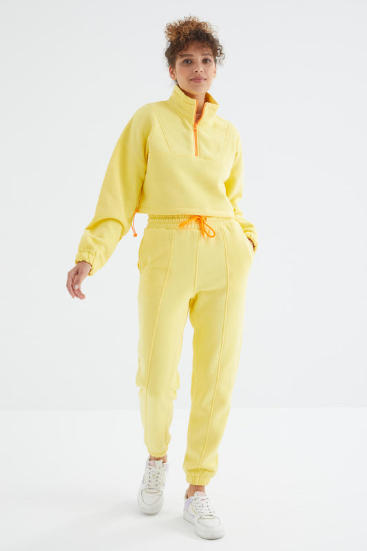 Low Shoulder Waist Gathered Half Zip Oversized Women's Tracksuit Set - 95321