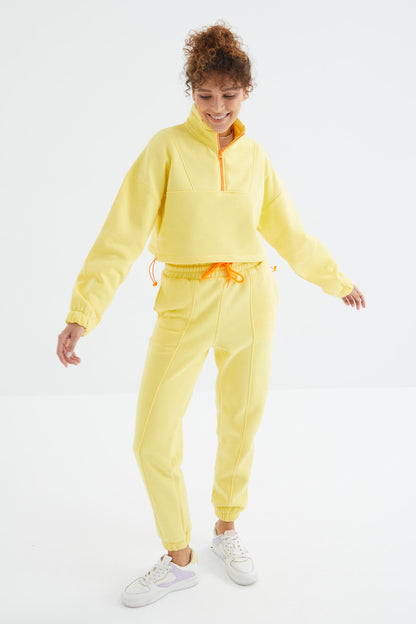 Low Shoulder Waist Gathered Half Zip Oversized Women's Tracksuit Set - 95321