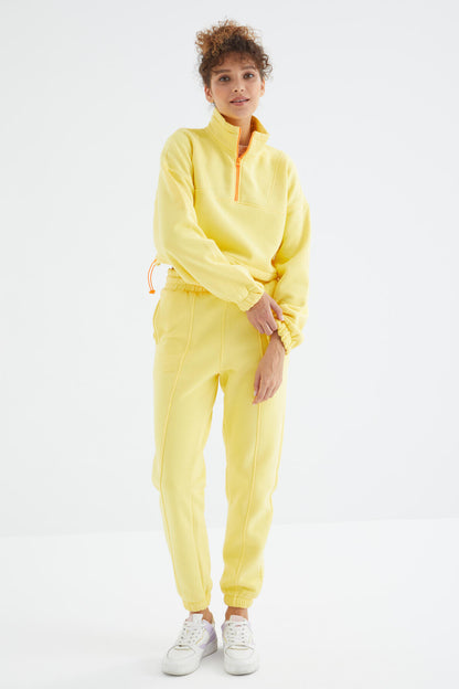 Low Shoulder Waist Gathered Half Zip Oversized Women's Tracksuit Set - 95321