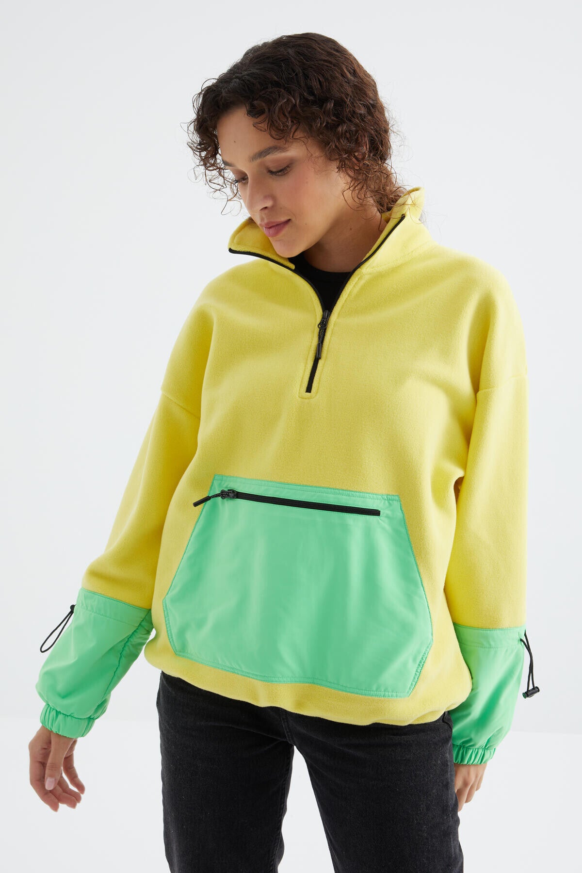 Lemon Skirt Hem Gathered Half Zipper Oversize Women's Polar Fleece Sweatshirt - 97238