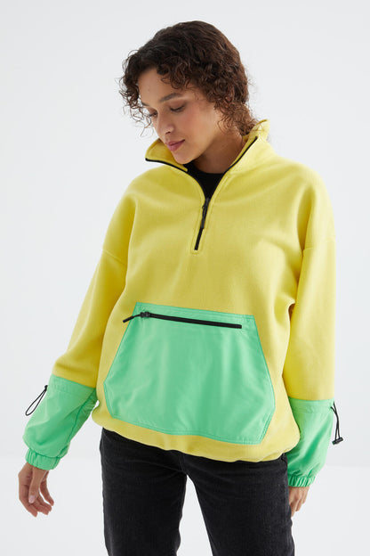 Lemon Skirt Hem Gathered Half Zipper Oversize Women's Polar Fleece Sweatshirt - 97238