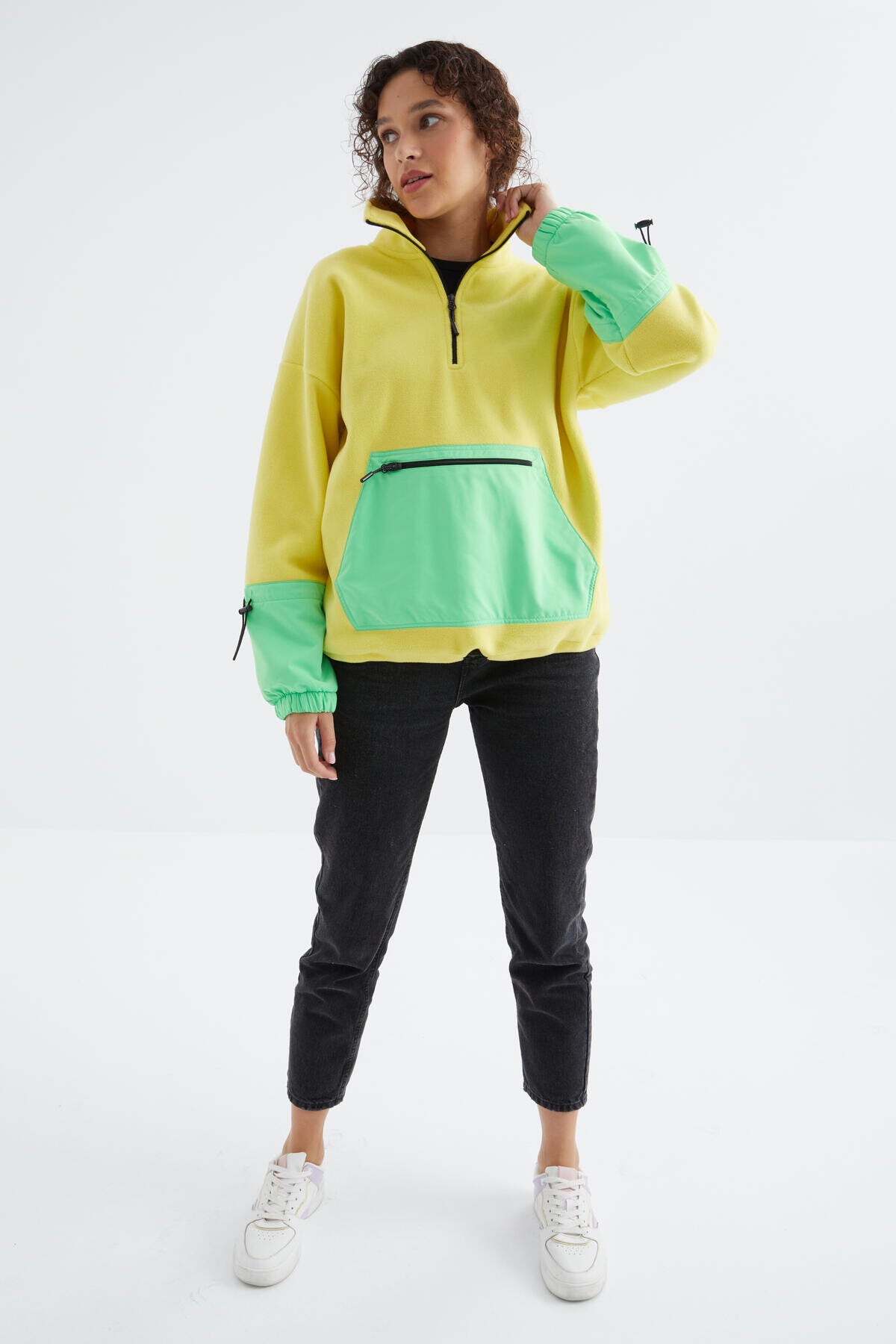 Lemon Skirt Hem Gathered Half Zipper Oversize Women's Polar Fleece Sweatshirt - 97238