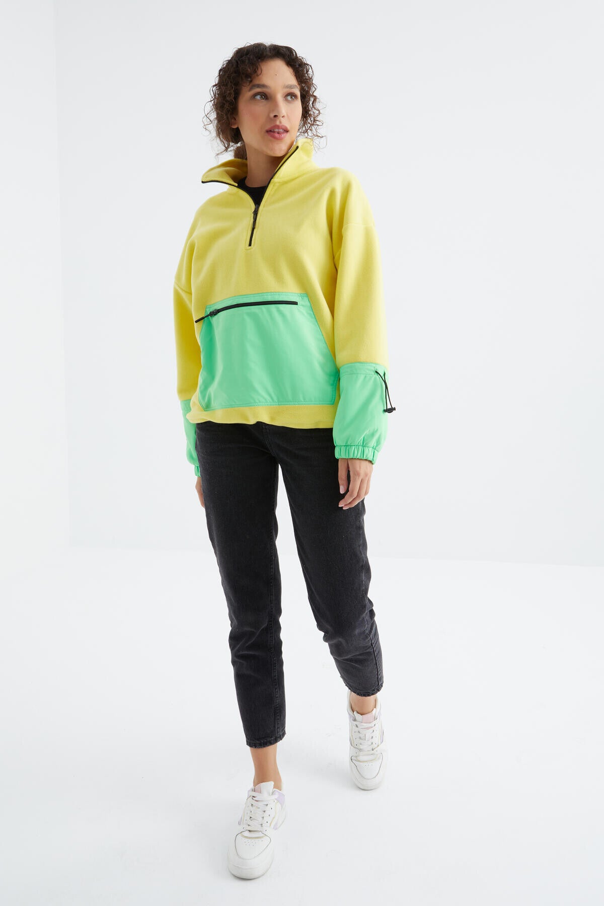 Lemon Skirt Hem Gathered Half Zipper Oversize Women's Polar Fleece Sweatshirt - 97238