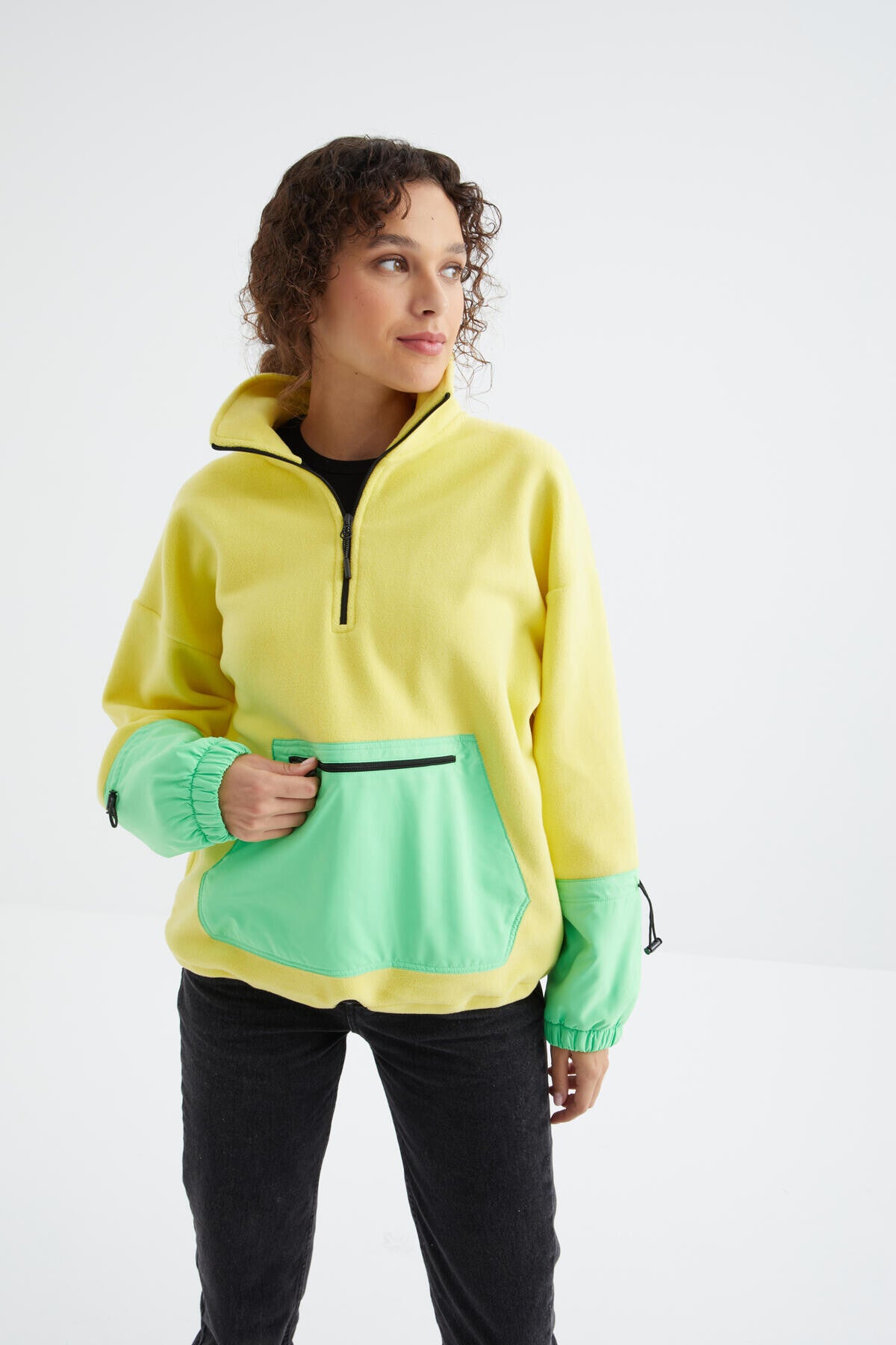 Lemon Skirt Hem Gathered Half Zipper Oversize Women's Polar Fleece Sweatshirt - 97238