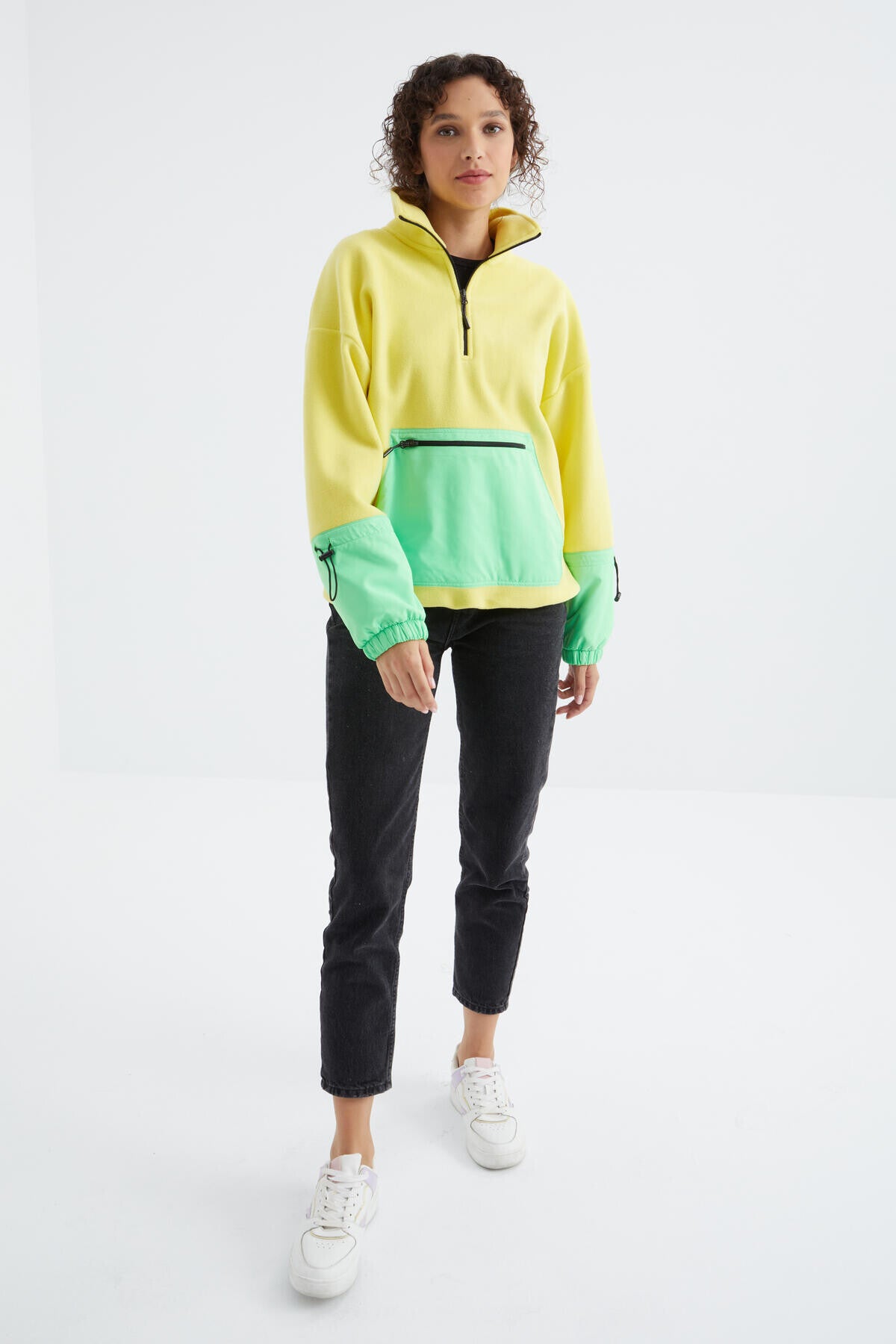 Lemon Skirt Hem Gathered Half Zipper Oversize Women's Polar Fleece Sweatshirt - 97238